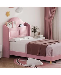 gaomon Twin Bed Frame for Kids,Upholstered Velvet Platform Bed with Wingback Headboard,Led Light and Storage Bookcase Headboard