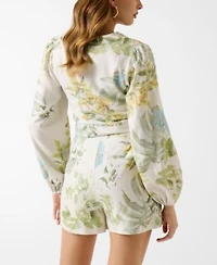 Guess Womens Shirley Long Sleeve V Neck Linen Top Kirsten Belted High Rise Linen Shorts