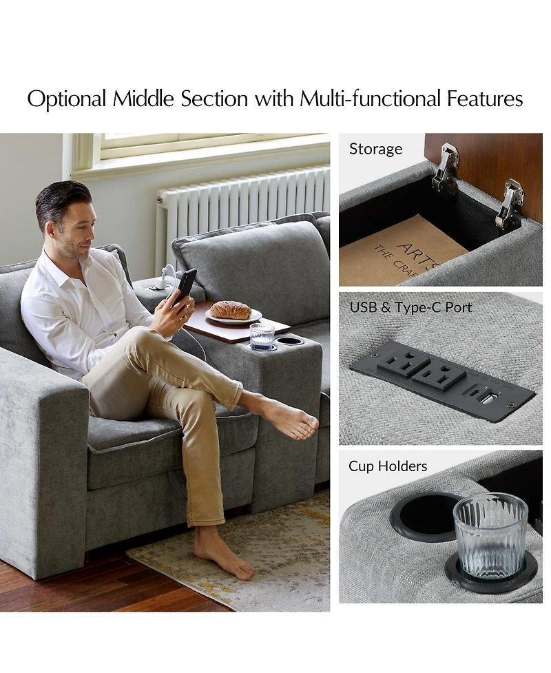 Hulala Home Buelow 88” Modern Storage Sofa With Charging Station And Middle Compartment