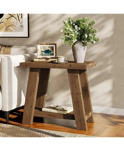Tribesigns Solid Wood End Table, Small Side Table with 2-Tier Storage Shelf for Living Room, Rectangular Side Table