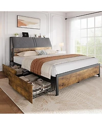 Gaomon Queen Size Bed Frame with Ergonomic Headboard and Charging Station, Upholstered Platform Bed, Metal Industrial Bed Frame with 4 Storage Drawers