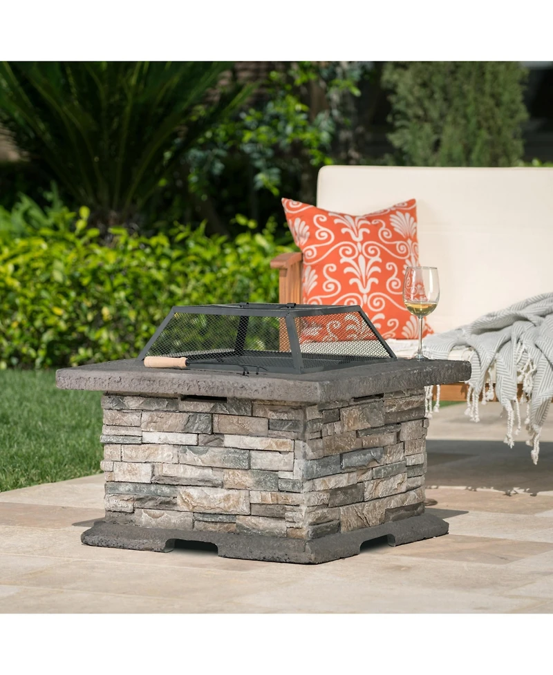 Flynama 28 Inch Square Mgo Fire Pit Outdoor Elegant Design Heat Resistant Iron Fire Bowl No Assembly Required