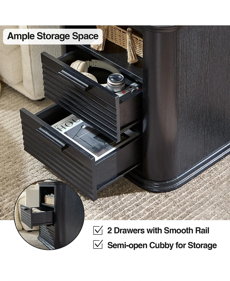 Rainsken 22" Fluted Nightstand with Charging Station, Modern Bedside Table with 2 Drawers and Open Storage for Living Room, Bedroom