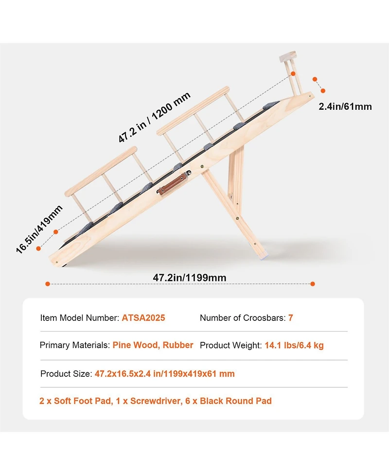 Aostirmotor Foldable Wooden Dog Ramp, Adjustable 47" for Bed & Car, Pets up to 27in Height