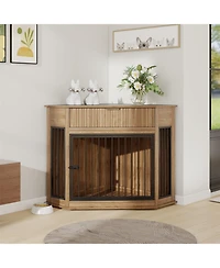 Aostirmotor 44.6" Corner Dog Crate Furniture with Drawer, Space-Saving End Table for Small/Medium Dogs