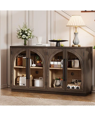 Streamdale Furniture Espresso 4-Door Large Storage Sideboard Buffet Cabinet with Glass Doors