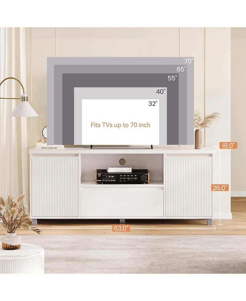 gaomon Fluted Tv Stand, White Entertainment Center for 60/65/70 Inch TVs, Modern Console With Drawer and 2 Cabinets, Media Cabinet