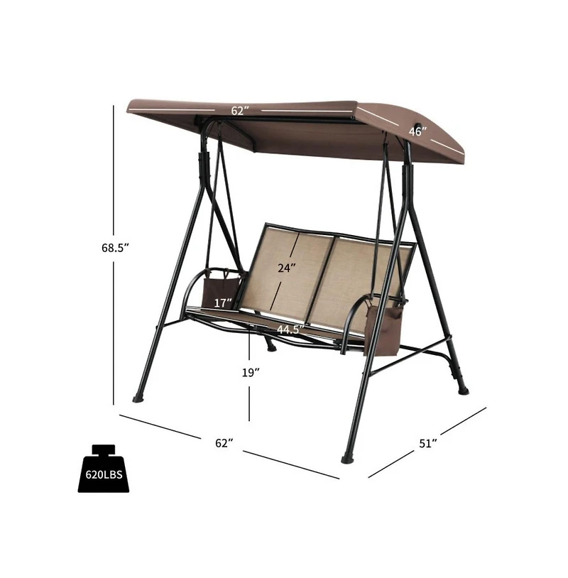 2-Person Patio Swing with Adjustable Canopy and 2 Storage Pocket