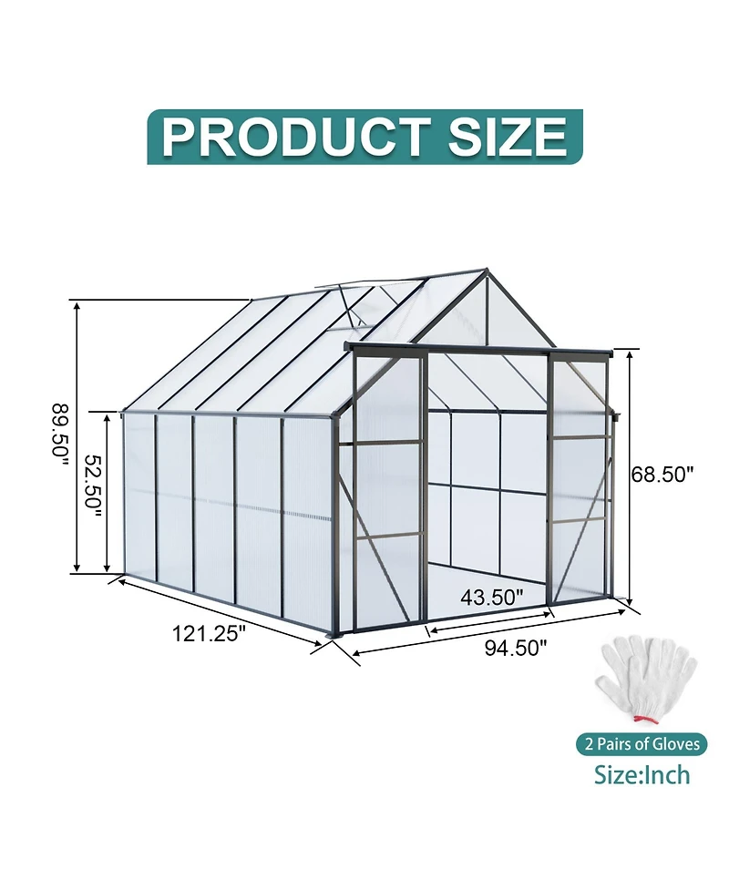 Mondawe 8x10FT Aluminum Double Door Polycarbonate Greenhouse with Raised Base and Anchor