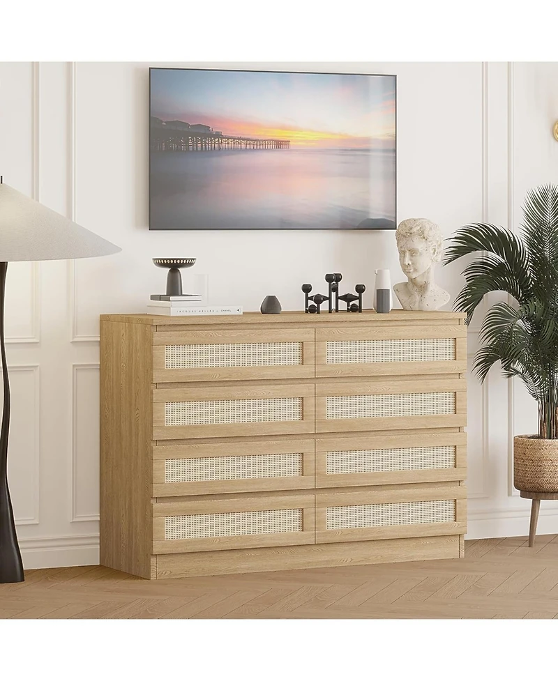 gaomon Rattan Dresser for Bedroom with 8 Drawers, 47'' Wide Chest of Oak Furniture Large Storage Tower Unit, Closet Store Organizer