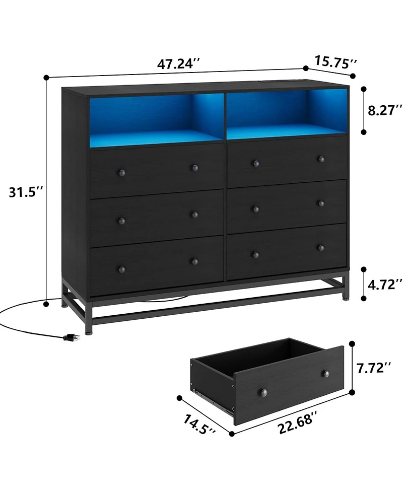 gaomon Dresser for Bedroom with 6 Drawers, Wide Wooden Dresser with Led Light and Charging Station, Large Storage Space, Modern Storage Organizer Unit