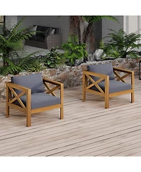 Flynama 2 Piece Outdoor Acacia Wood Club Armchair Set Teak Finish with Dark Grey Cushions Conversation Set