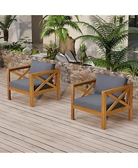 Flynama 2 Piece Outdoor Acacia Wood Club Armchair Set Teak Finish with Dark Grey Cushions Conversation Set