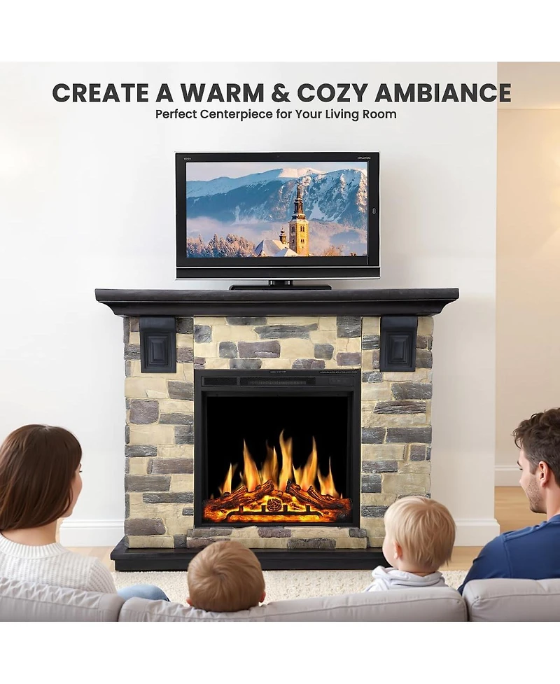 Cowsar 50" Electric Fireplace Tv Stand, Fireplace with Faux Stone-Look Mantel , 750/1500W Dual Heat Settings