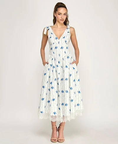 Alex & Sophia Juniors' Tie-Shoulder Floral Printed V-Neck Midi Dress