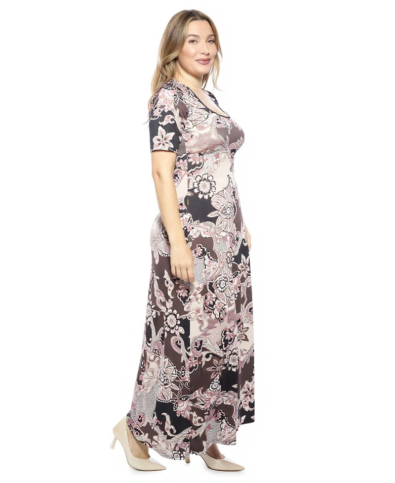 24seven Comfort Apparel Plus Paisley Scoop Neck Maxi Dress