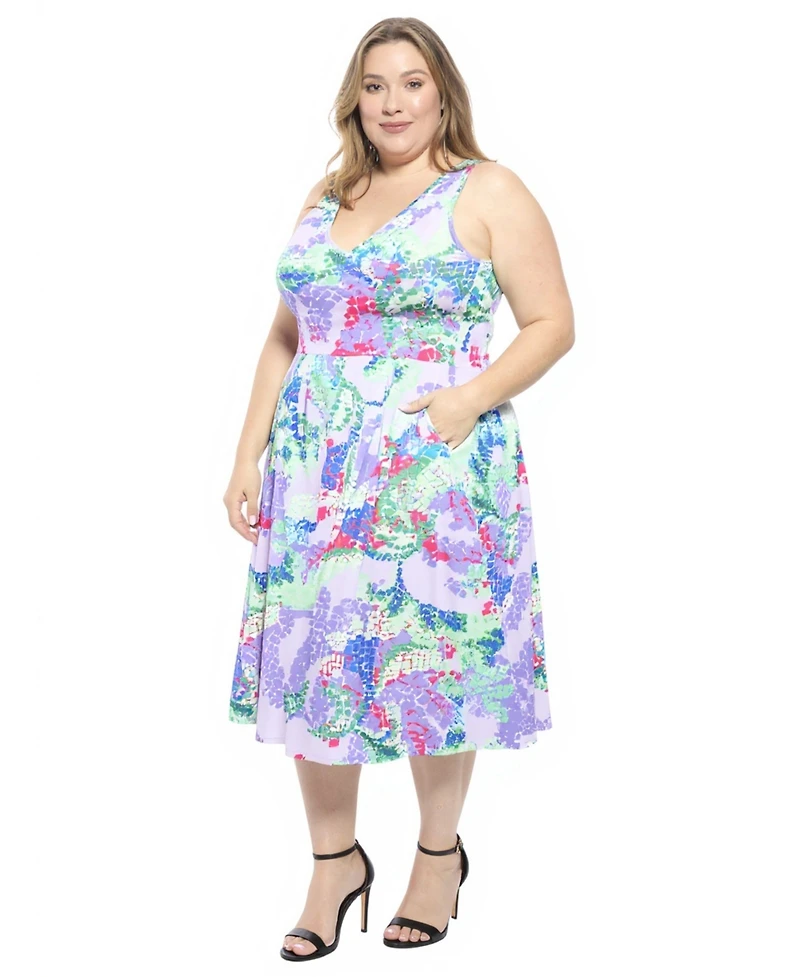 24seven Comfort Apparel Plus Abstract V-Neck Pleated Pocket Midi Dress