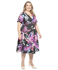 24seven Comfort Apparel Plus Paisley Dolman Sleeve Twist Front Dress