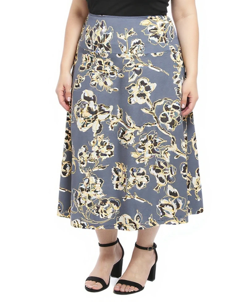 24seven Comfort Apparel Plus Floral Elastic Waist A-Line Skirt