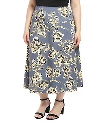 24seven Comfort Apparel Plus Floral Elastic Waist A-Line Skirt