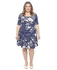 24seven Comfort Apparel Plus Scoop Neck Elbow Sleeve A-Line Dress