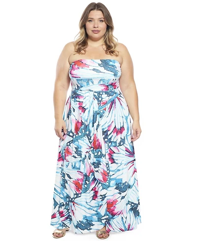 24seven Comfort Apparel Plus Butterfly Strapless Pocket Maxi Dress