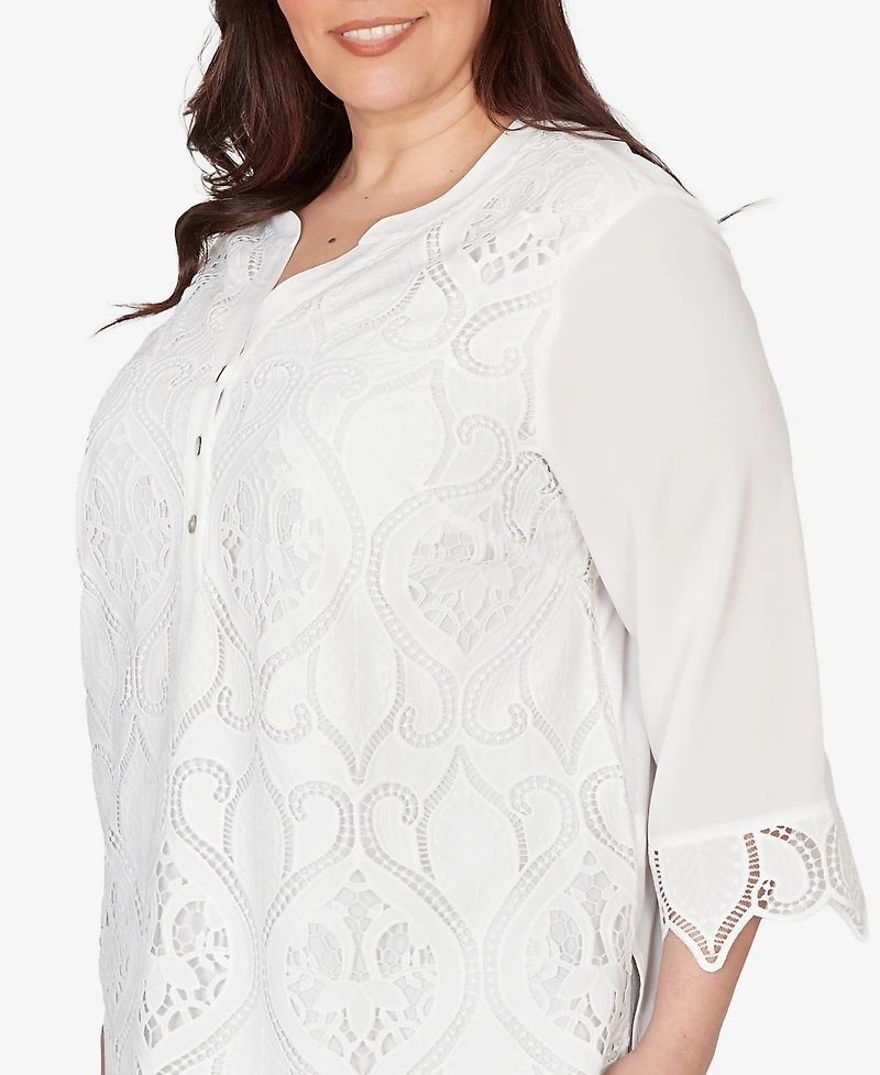 Alfred Dunner Plus Al Fresco Lace Cut Out Front Henley Top