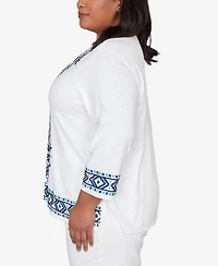 Alfred Dunner Plus Mykonos Scroll Embroidered V Neck Top