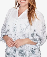 Alfred Dunner Plus Al Fresco Collared Watercolor Print Button front closure Top