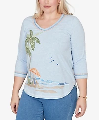 Alfred Dunner Plus Beachcomber Scenic Palm Tree Embroidered Top