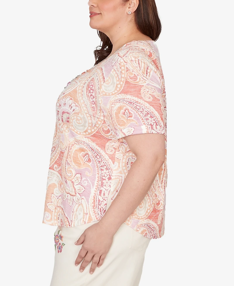 Alfred Dunner Plus Beachcomber Paisley Short sleeves T-shirt with Necklace