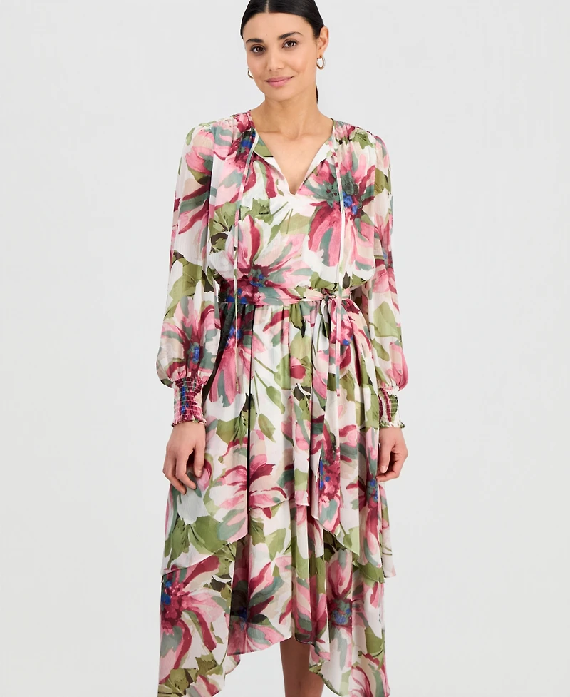 I.n.c. International Concepts Petite Bubble-Sleeve Tie-Waist Tiered Dress, Created for Macy's