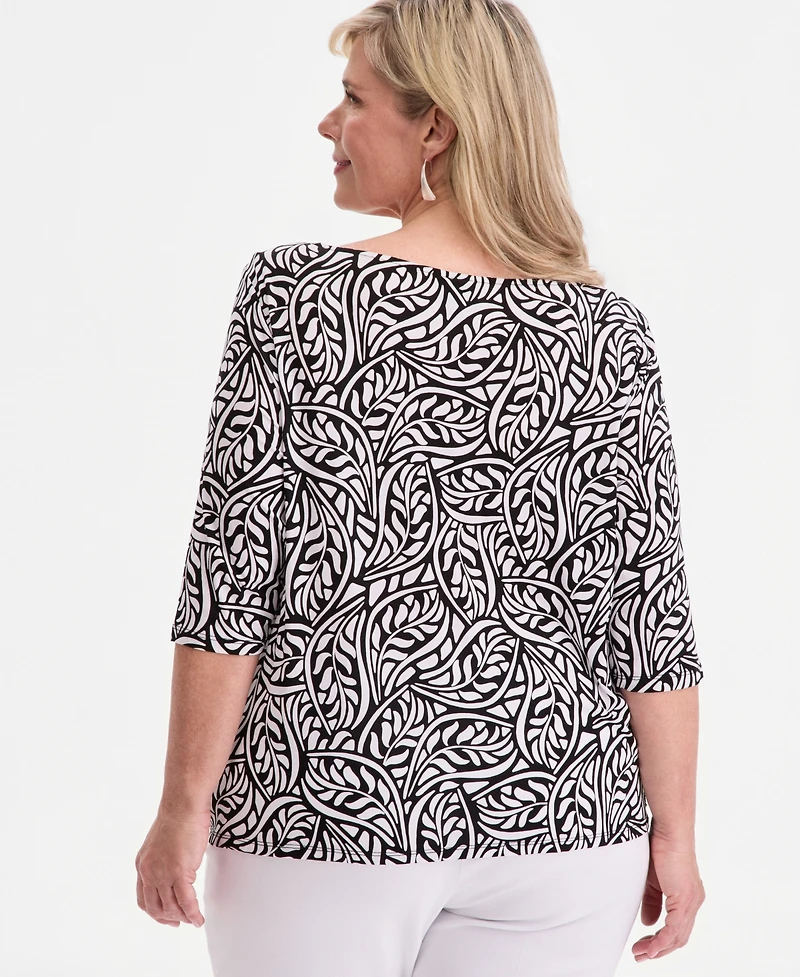 Jm Collection Plus Scattered Leaves Twisted-Hem Top, Macy's Exclusive