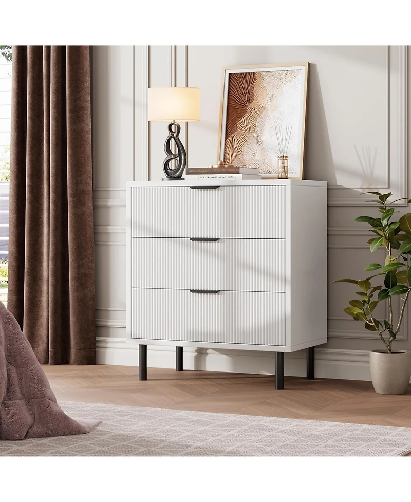 gaomon Fluted 3 Drawers Dresser, Wide Wood Chest of Drawers, Modern Storage Dresser Organizer with Metal Legs