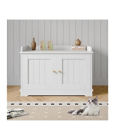 gaomon Wooden Cat Litter Box Enclosure, Hidden Litter Box Pet House with Barn Door Design, White