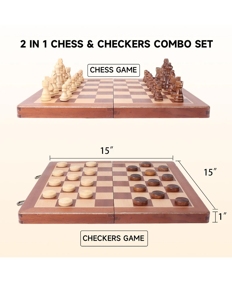 Gse Games & Sports Expert 15" Large Wooden Folding 2-in-1 Chess and Checkers Board Game Set with Chess Storage Slots Drawer