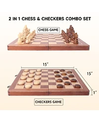 Gse Games & Sports Expert 15" Large Wooden Folding 2-in-1 Chess and Checkers Board Game Set with Chess Storage Slots Drawer