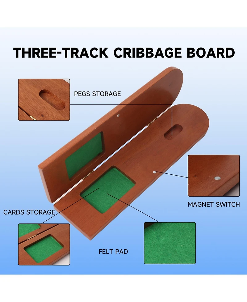Gse Games & Sports Expert 3-Track Wooden Cribbage Board Game with Playing Cards, Metal Pegs and Storage Area for Family Game