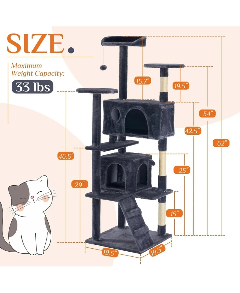 Zeus & Ruta 62" Grey Large Cat Tree Tower: Multi-Level, Scratching Post, Jumping Platform Space