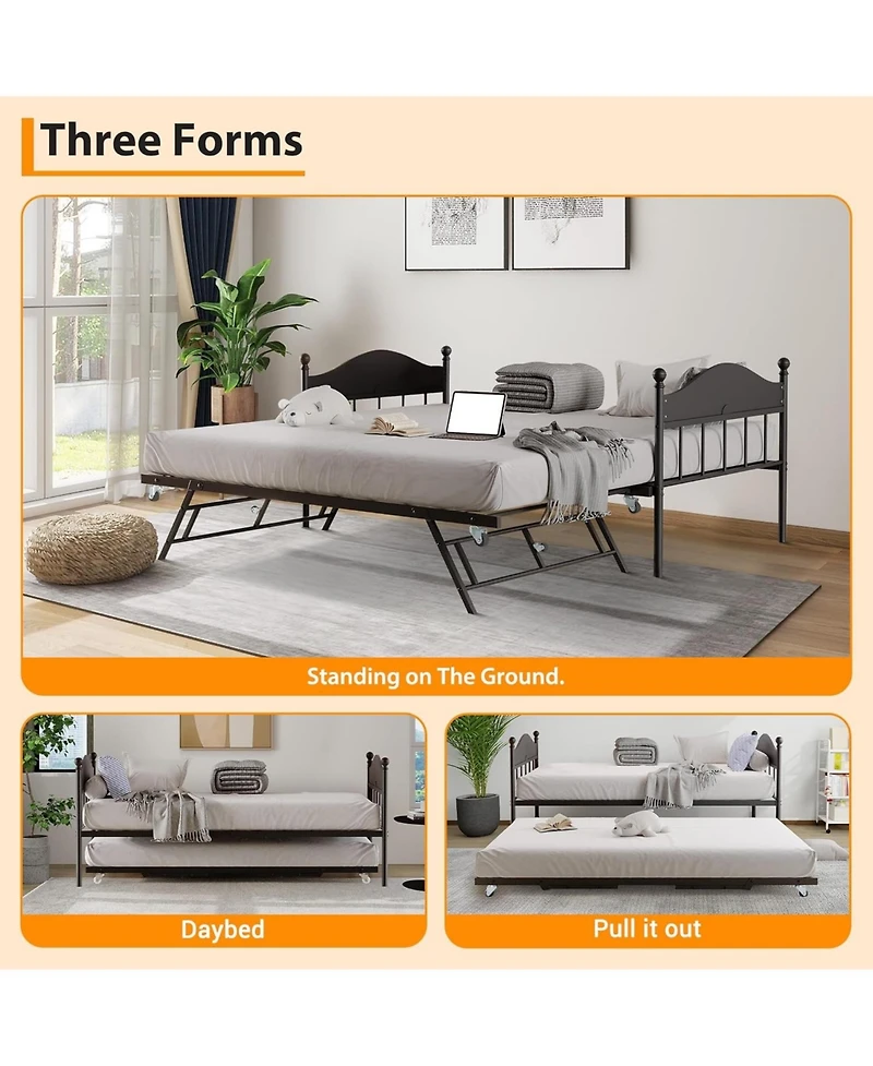 gaomon Twin Day Bed with Trundle Bed, Modern Sofa Frame Foldable Design, Metal & Heavy Duty Steel Slats