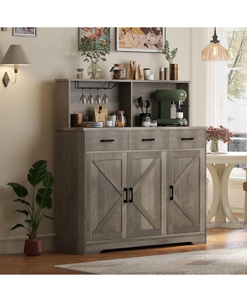 Gaomon Wooden Buffet Cabinet with Barn Doors, Microwave Stand, Drawers & Shelves – Coffee Bar Sideboard for Kitchen or Living Room