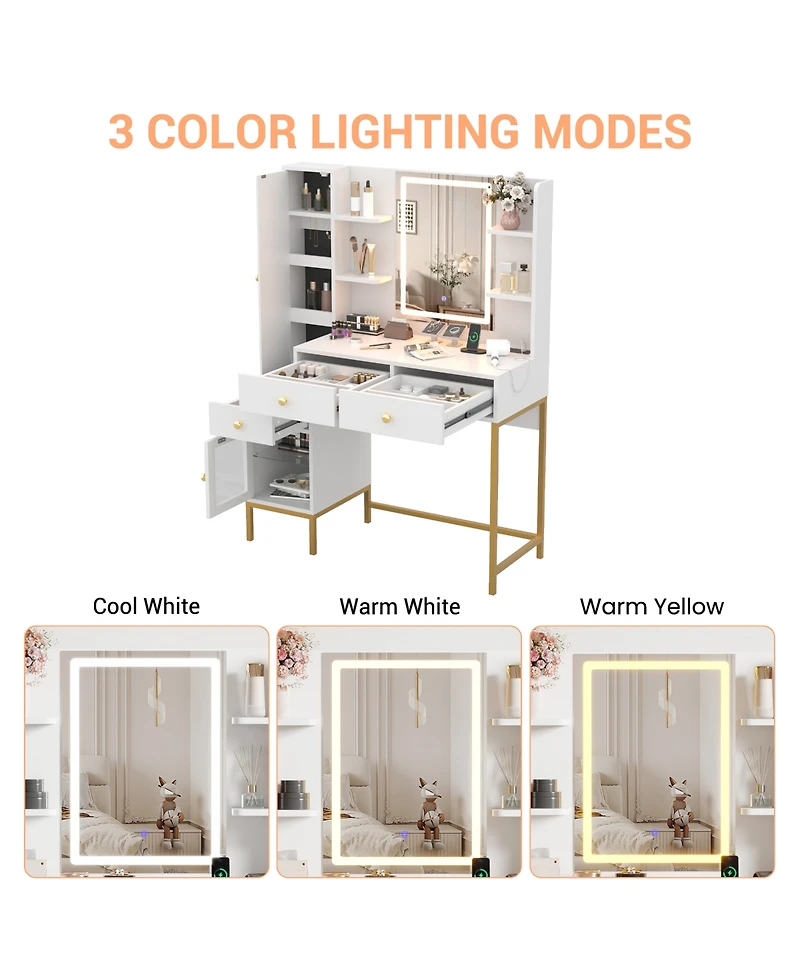 Gaomon Vanity Desk Lighted Mirror and Charging Station Makeup Vanity for Bedrooms, Apartments