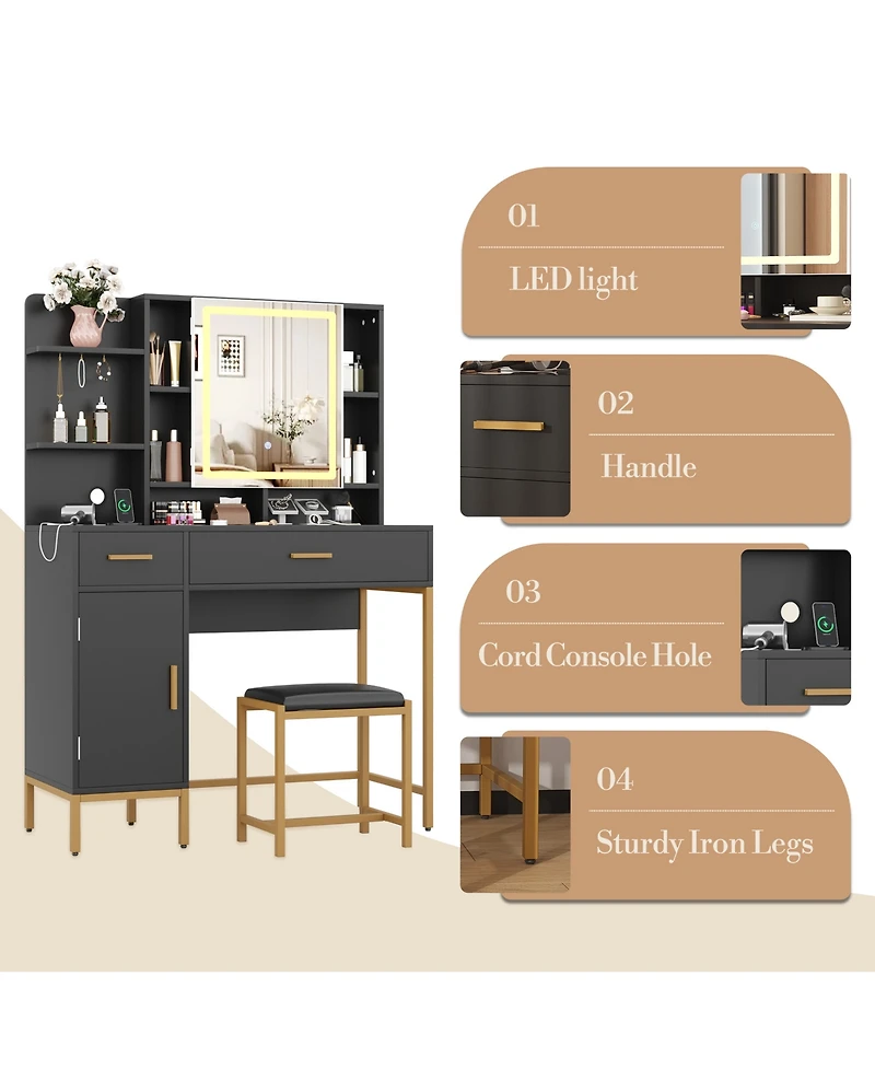 Gaomon Makeup Vanity Desk with Led Lighted Mirror and Charging Station