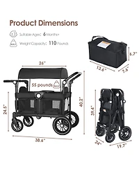 Kinder King Wagon Stroller for Two Kids with Adjustable Handle, All-Terrain Wheels, Tray and Storage, Grey