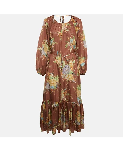 Pre-Owned Zimmermann Womens Brown Floral Print Silk Belted Zinnia Dress