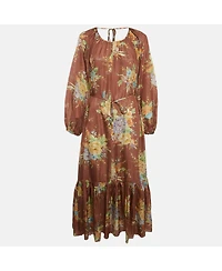 Pre-Owned Zimmermann Womens Brown Floral Print Silk Belted Zinnia Dress