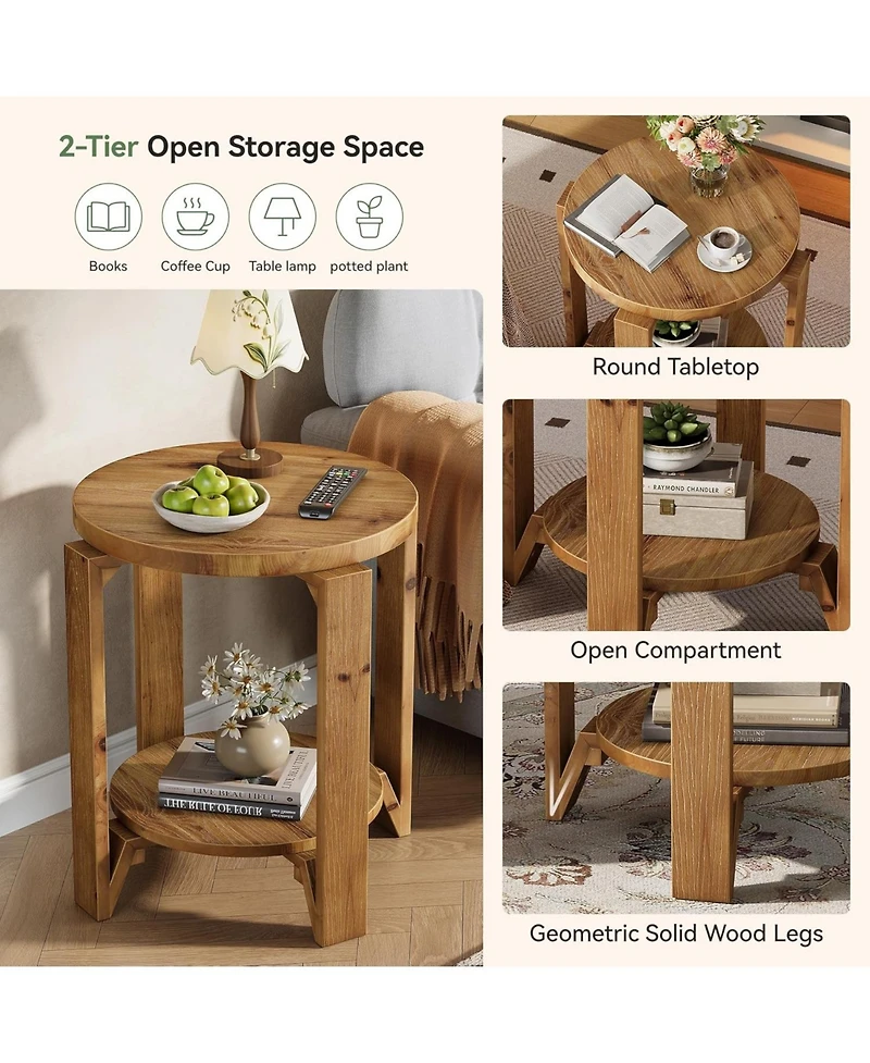 Tribesigns Solid Wood End Table, 2-Tier Round Sofa Side Table with Storage, Farmhouse Wooden Nightstand, Brown
