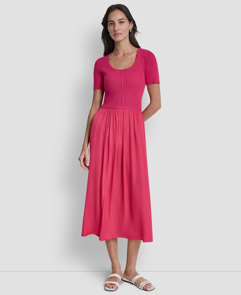 Dkny Women's Short-Sleeve Mixed Media Midi Sweater Dress