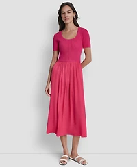 Dkny Women's Short-Sleeve Mixed Media Midi Sweater Dress