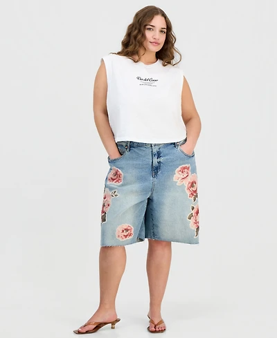 And Now This Trendy Plus Floral Applique Denim Jorts, Macy's Exclusive